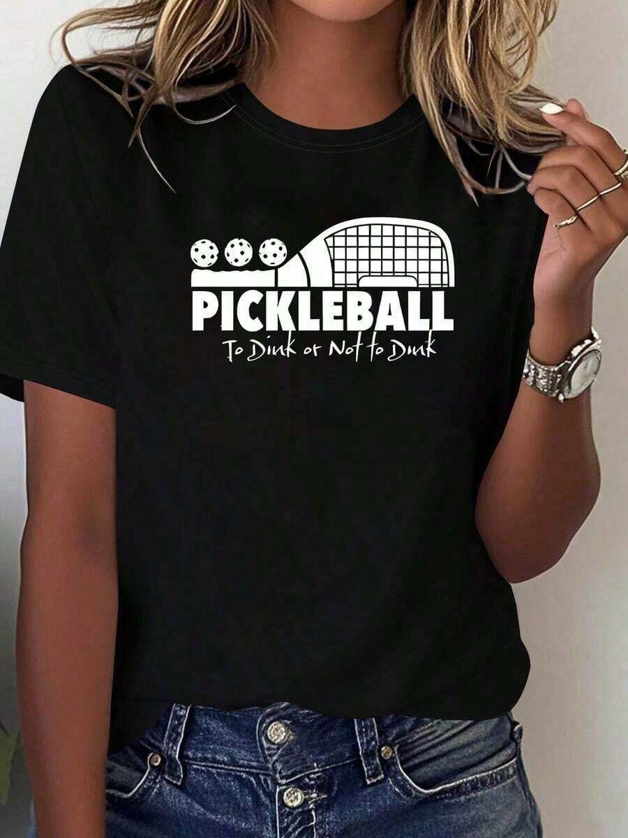 Women's Blouses: 1 Classic And Versatile Piece, Pure Cotton Cropped T-Shirt With Short Sleeves, Fun Sporty Print For Women, Modern Style, Suitable For All Seasons. - 黑色 - 查看 1