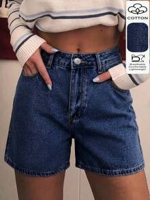 Short en jean bleu ajusté sans stretch, taille mi-haute, mode minimaliste personnalisée pour femme, polyvalent pour l'été, décontracté - Jean brut - Voir 1