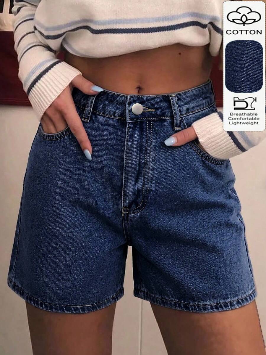 Short en jean bleu ajusté sans stretch, taille mi-haute, mode minimaliste personnalisée pour femme, polyvalent pour l'été, décontracté - Jean brut - Voir 1