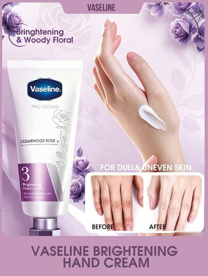 Vaseline 凡士林亮白护手霜，提亮肤色，改善干燥，柔滑肌肤，减少暗沉，保湿滋养，蕴含烟酰胺、乙基双酚和白藜芦醇，适合所有肤质，经皮肤科医生测试，2周内提亮并改善干燥、暗沉的肌肤。