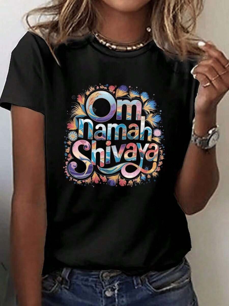 Women's T-Shirt With Om Namah Shivaya Print | Vibrant Geometric Print, Short Sleeves, Round Neck, Breathable Stretch Fabric, Casual Fit, Comfortable Material, Modern Design Style For Spring/Summer. Women's Blouses > Clothing - 黑色 - 查看 1