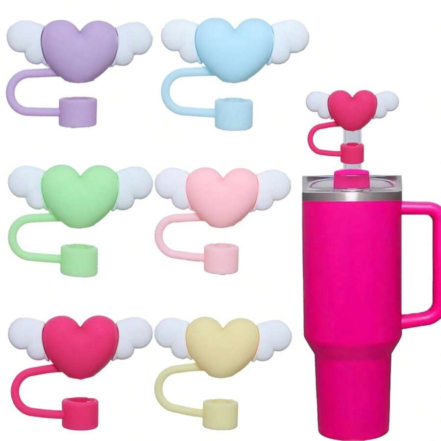 6pcs Heart Wing Straw Sleeves, Straw Caps, Straw Plugs - Multicolor - View 1