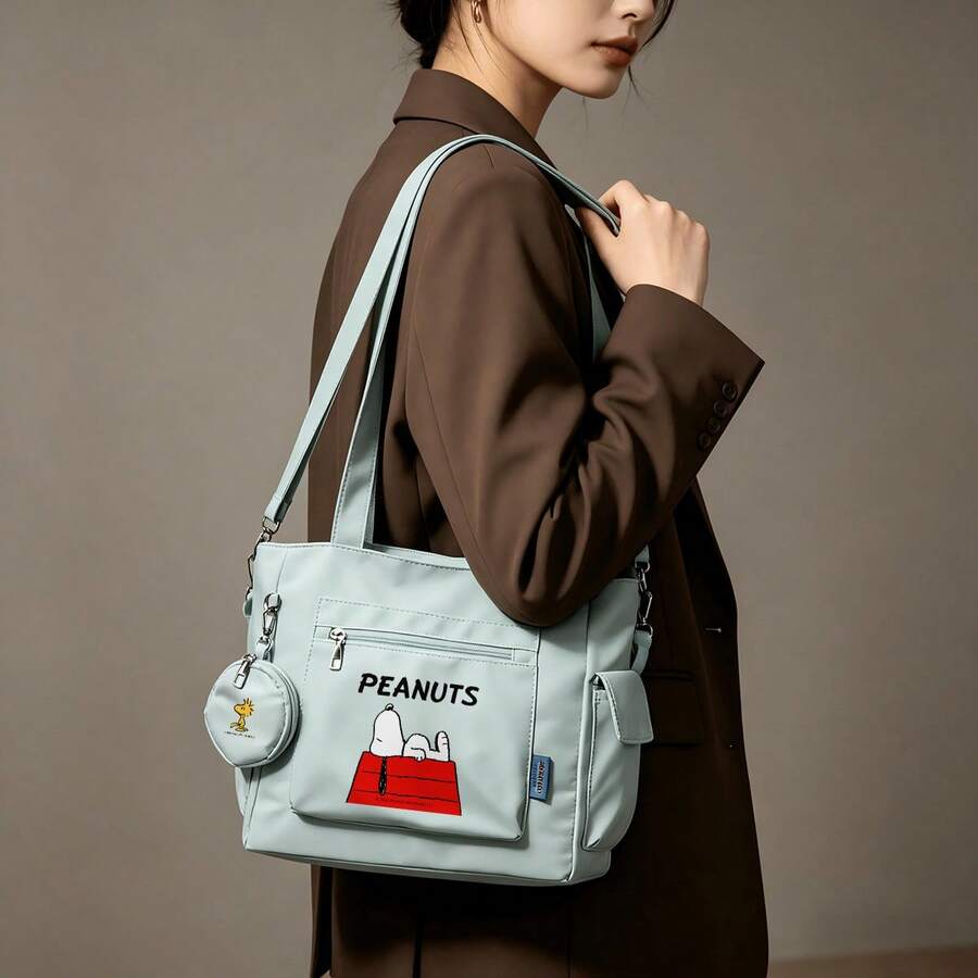 Miniso Peanuts Snoopy Red Doghouse Print Mint Green Casual Multi-Functional Large Capacity Tote Bag 2 Pieces Set With Detachable Coin Purse, Multi-Way Carry, Ideal For Work, Travel, Shopping And Everyday Use - Mint Green - View 1