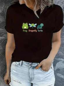 Cute Short-Sleeve Blouses With Cute Animal Prints, White T-Shirt With Frog, Dragonfly, Turtle, Cartoon Clothing, Casual Summer Clothes For Women, Cotton, Casual Blouses For Women, 100% Cotton - 黑色 - 查看 1