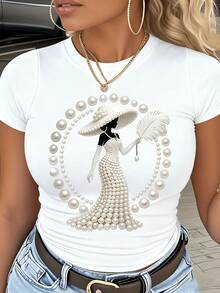Women's Y2K Style T-Shirt With Pearl Print, , Versatile, And Sweet Fashion, Casual Round Neck Short Sleeve Top - 白色 - 查看 1