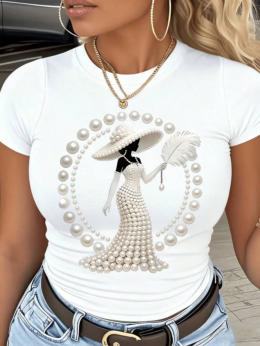 Women's Y2K Style T-Shirt With Pearl Print, , Versatile, And Sweet Fashion, Casual Round Neck Short Sleeve Top - 白色 - 查看 1