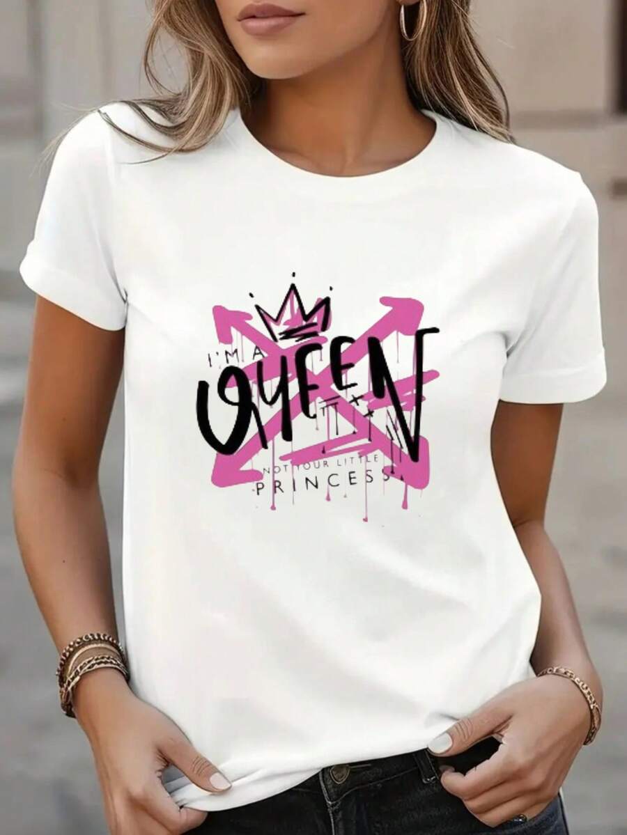 Soft, Breathable, And Lightweight For All-Day Comfort. Women's Crew Neck T-Shirt - "I'm A Queen, Not Just A Princess" Crown Design, 100% Casual For Everyday Wear, Short Sleeves, Comfortable For All Seasons, White With Pink And Black Design, Everyday T-Shirt. | Bold Print T-Shirt | Comfortable Style: Classic Crew Neck With A Relaxed Fit That Flatters All Body Shapes And Is Easy To Pair With Jeans, Shorts, And Leggings. - 白色 - 查看 1