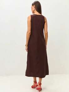 Sleeveless Dress With Round Neck And Zipper, Elegant Summer Style 2026 For Women - Brown - View 3