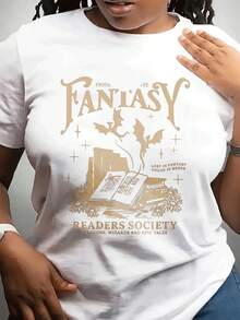 Plus Size Women's Clothing, Plus Size Women's Book-Themed T-Shirt -- Short Sleeve Crew Neck T-Shirt Printed With Readers Association, Slightly Stretchy, Casual, A Suitable Gift For Book Lovers, Casual Holiday Wear, Machine Washable. - 白色 - 查看 6