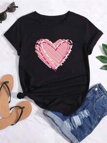 Women's Casual Short-Sleeved T-Shirt With A Heart Graffiti Print, New 2026 Model. Very Practical And Versatile, Perfect For Everyday Casual Wear And Also As A Gift. - 黑色 - 查看 1