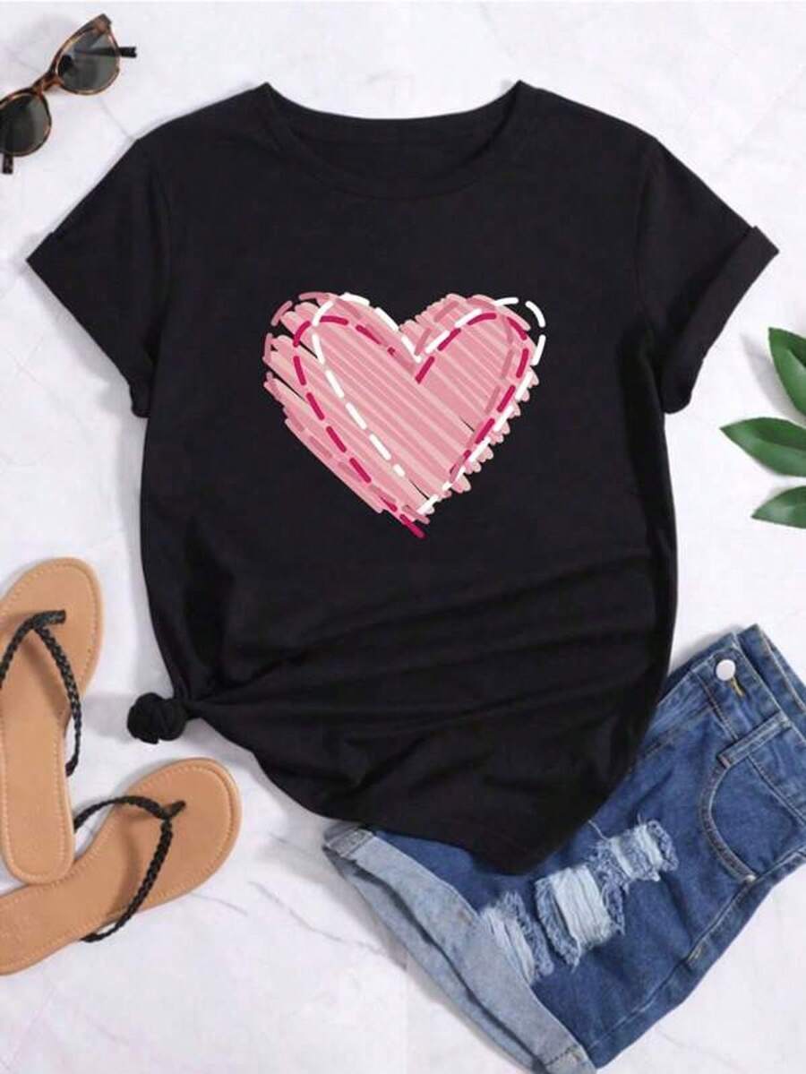 Women's Casual Short-Sleeved T-Shirt With A Heart Graffiti Print, New 2026 Model. Very Practical And Versatile, Perfect For Everyday Casual Wear And Also As A Gift. - 黑色 - 查看 1