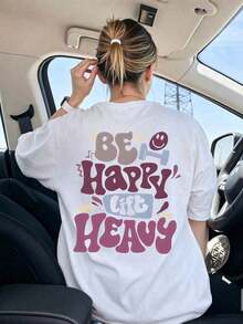 Camiseta de punto casual para mujer con hombros caídos, manga corta y cuello redondo, con estampado gráfico 'Be Happy Lift Heavy' - Fácil de usar, fácil de lavar, fácil de mantener. - Blanco - Ver 12