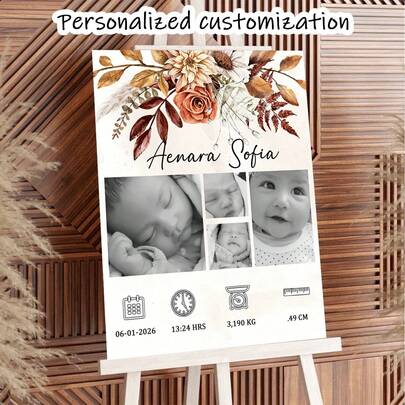 Personalisierte tropische Geburtsstatistik Wandkunst, individualisierter Neugeborenen Foto- & Details-Muster, perfekt für Kinderzimmer Dekoration, Baby-Shower Geschenk
