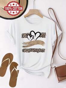 | Exquisite Design | Loose And Comfortable | Easy To Match | TH467 New Women's T-Shirt, With Leopard And Heart Line Prints, A Casual And Fashionable Printed T-Shirt, 100% Cotton, Round Neck, Short Sleeve, Sweat-Absorbing And Breathable, Casual Loungewear, Comfortable, Stylish And Unique, Suitable For Spring, Summer And Autumn, Versatile Short-Sleeved Sports T-Shirt, Breathable And Sweat-Absorbing, Also Suitable For Layering In Autumn And Winter. - 白色 - 查看 2