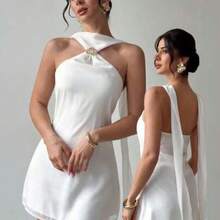 Elegante y delicado vestido camisero con decoración metálica y espalda descubierta, ropa de verano, ropa de playa, ropa de resort, ropa de resort bohemia y tropical, atuendo para conciertos, fiestas rave, festivales de música country, elegante atuendo para citas nocturnas, vestido de verano para mujer, vestido para té de la tarde, vestido blanco de graduación, atuendo de celebración para festivales de música, vestido con espalda descubierta - Blanco - Ver 1