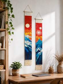 1件波西米亚风格山景挂毯 - 带流苏面料 - 抽象日出设计，适合春季家居装饰 - 完美适用于客厅、卧室、办公室和自然风格空间 - 彩色 - 查看 6