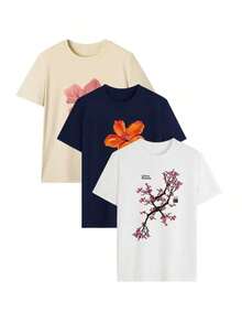 Set Of 1 Women's Short-Sleeved Round Neck T-Shirts With Colorful Letter And Flower Print, Fashionable And Versatile, Suitable For Women's Blouses, Holidays And Casual Wear In Spring - 杏色 - 查看 2