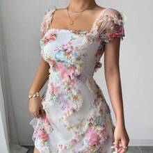 Nuevo vestido de tirantes ajustado con volantes y estampado floral retro de tipo pixelado, elegante y bonito, para primavera/verano - Multicolor - Ver 4