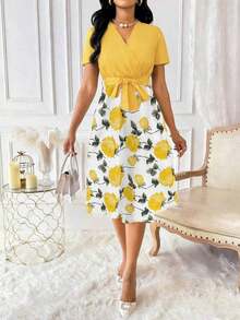 Vestido de mujer con cuello en V y cinturón, manga corta, vestido largo de verano para mujer - Amarillo - Ver 1