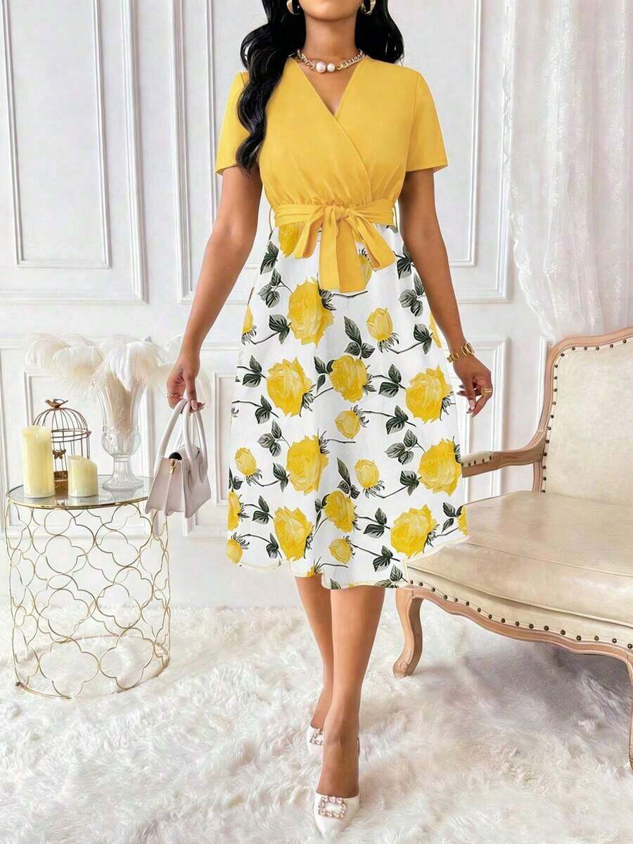 Vestido de mujer con cuello en V y cinturón, manga corta, vestido largo de verano para mujer - Amarillo - Ver 1