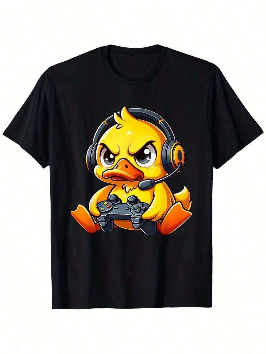 Men's Plus Size T-Shirt With Angry Duck Video Game Design - Funny Black T-Shirt With Yellow Duck Wearing Headphones And Controller - Perfect Gift For Gamers And Video Game Enthusiasts - 黑色 - 查看 1