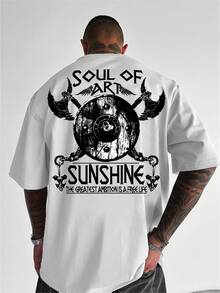 Men's Casual T-Shirt With "Soul Of Art" Print, Viking Shield And Axe Design, Breathable Stretch Fabric, Stylish, Suitable For Home And Outdoor Activities, Round Neck, Short Sleeve. - 白色 - 查看 8