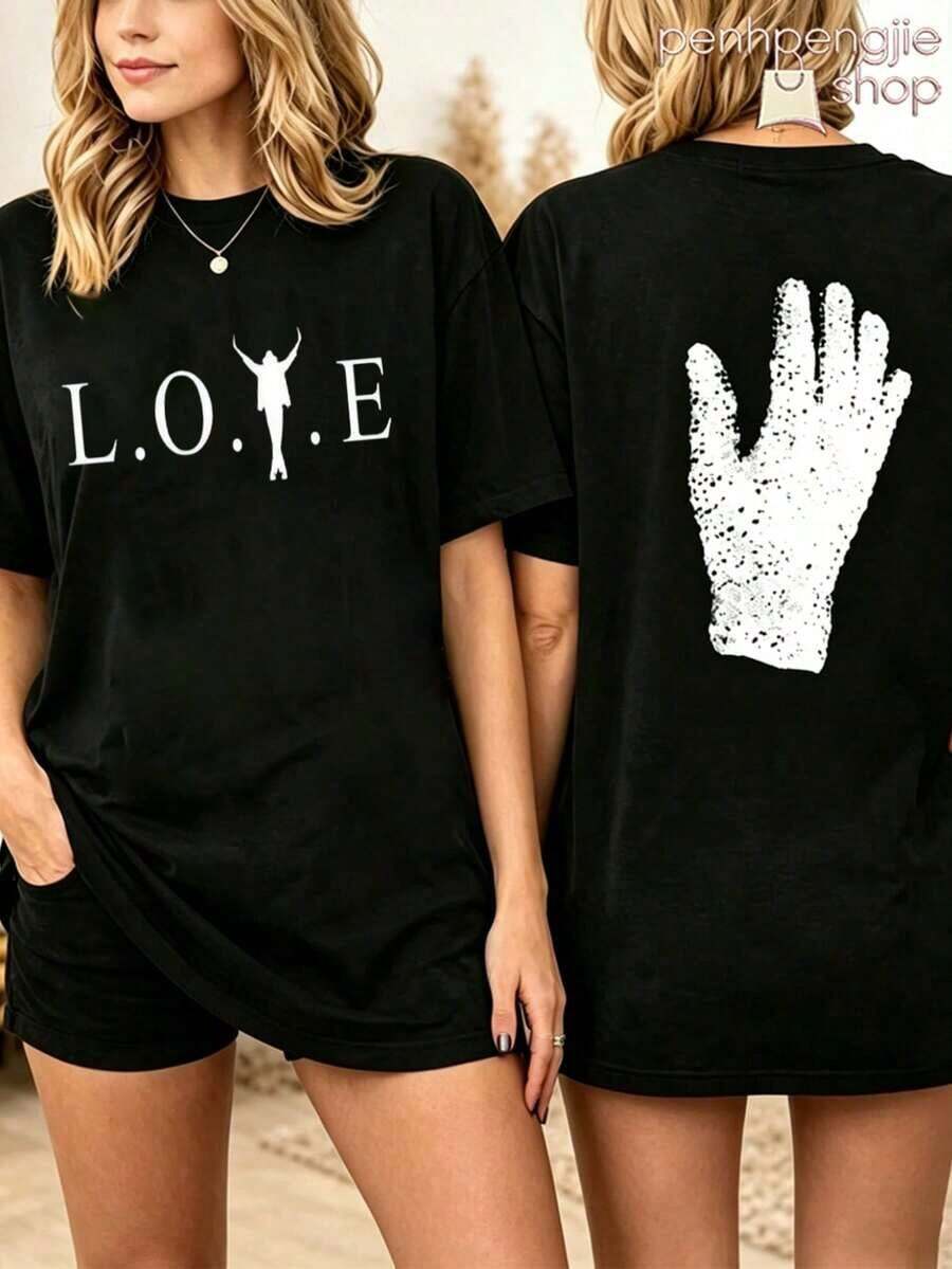Camiseta Oversize Estampada "The King Of Pop" de Jackson para Mujer, Ropa para Conciertos, Camisetas Estampadas para Mujer, Ropa para Vacaciones en la Playa, Ropa de Verano para Mujer, Ropa para Conciertos Country, Ropa para Brunch para Mujer - Negro 2 - Ver 1