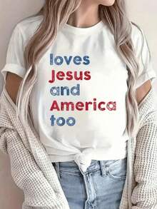 Camiseta Casual de Algodón para Mujer con Cuello Redondo y Manga Corta con Estampado 'Loves Jesus And America Too' - Blanco - Ver 8