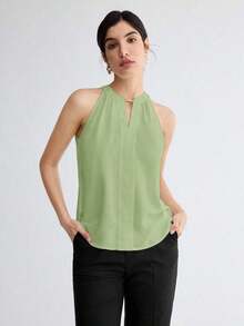 Nueva camiseta de tirantes elegante de cuello de ojo de cerradura de unicolor, versátil para el transporte urbano moderno, uso diario, retro romántico de los 90, adecuada para Navidad, Año Nuevo, San Valentín, fiesta, playa, graduación, moda, carn - Verde - Ver 5