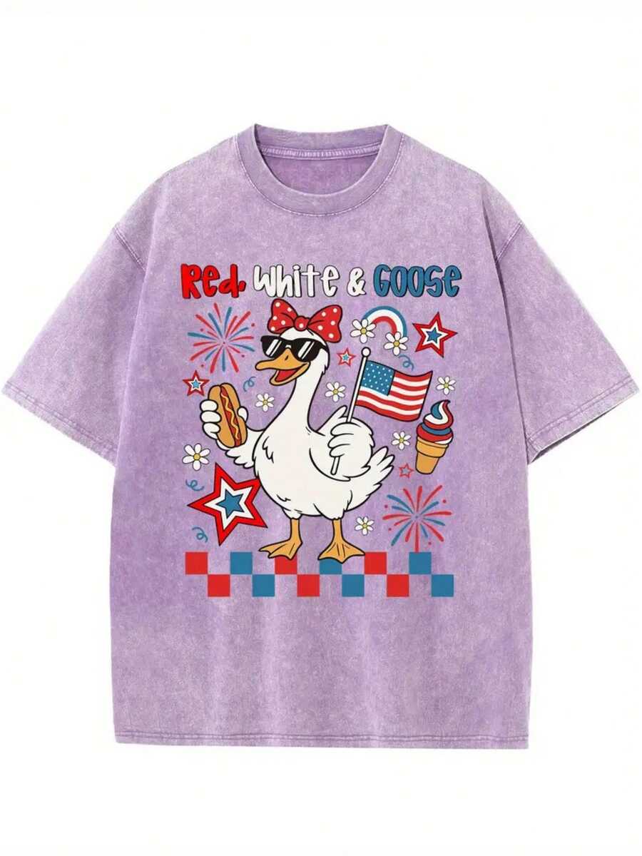 Men's & Women's Vintage Washed Cotton T-Shirt For Women With Modern Print - 230g Thick Cotton, Round Neck, Short Sleeves, Vintage Street Style, Machine Washable, Suitable For Casual Spring And Summer Wear, Loose Fit. - 紫色 - 查看 1