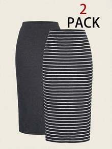 2 piezas Conjunto de falda casual de mujer a rayas y de unicolor, Conjunto a juego, Falda, Faldas para mujer, Falda a rayas, Casual - Gris - Ver 1
