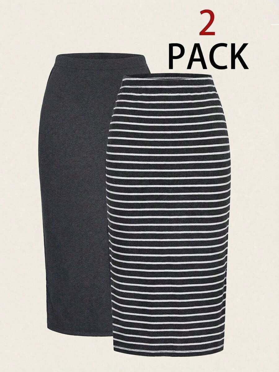 2 piezas Conjunto de falda casual de mujer a rayas y de unicolor, Conjunto a juego, Falda, Faldas para mujer, Falda a rayas, Casual - Gris - Ver 1