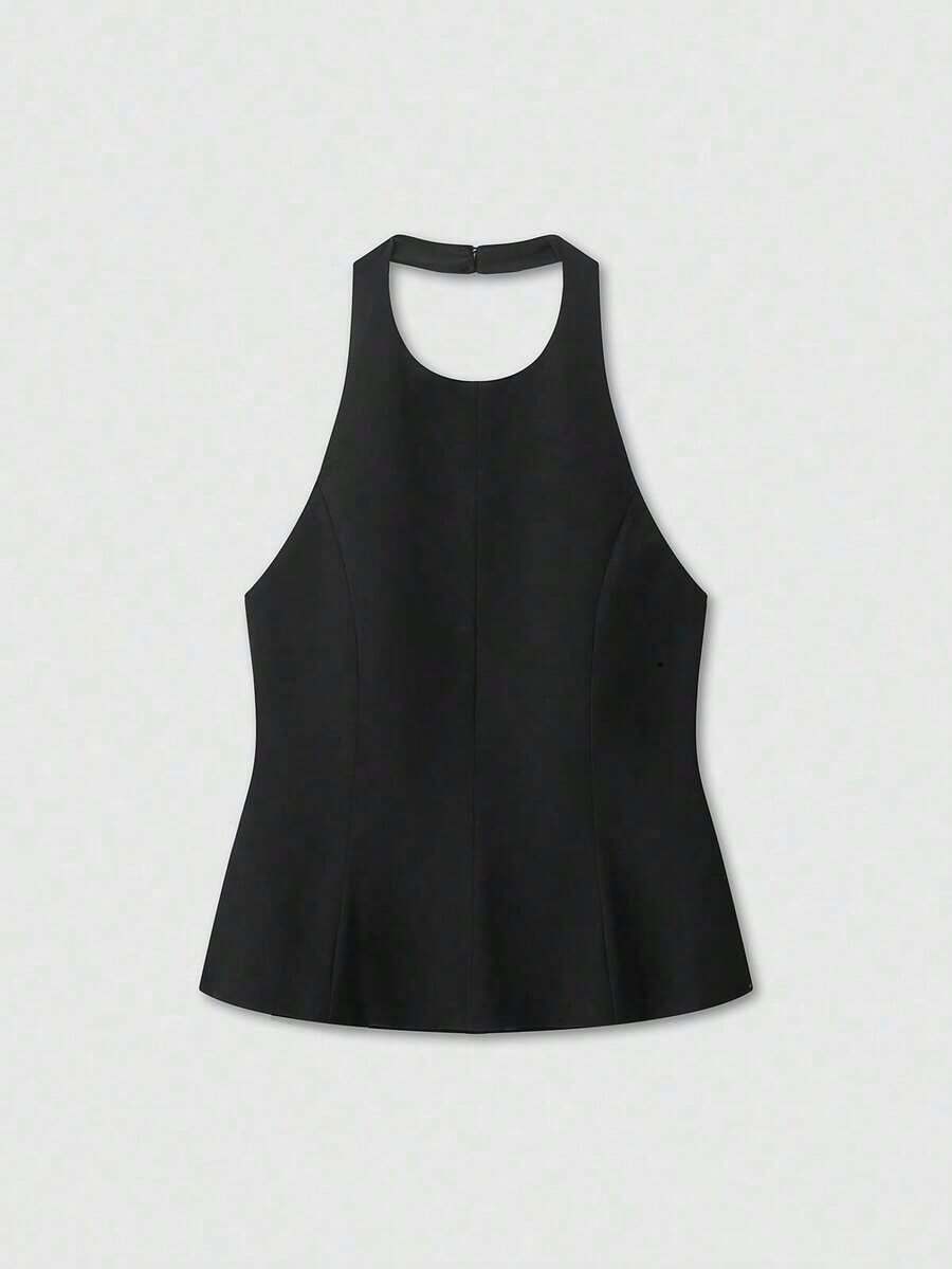 Top corto con cuello de halter y espalda descubierta, color amarillo mantequilla, para verano - Negro - Ver 1