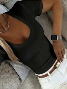 Camiseta de mujer de unicolor, cuello de pico, ajustada, con pliegues y manga corta, para verano - Negro 5 - Ver 2