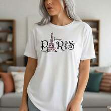Camiseta de algodón con estampado gráfico de París para mujer, manga corta, cuello redondo, estilo casual, camiseta vintage con estampado de la Torre Eiffel, corte holgado, camisa básica para vacaciones de verano, tallas S-5XL disponibles, opciones de color negro/blanco/azul marino, tela de algodón suave y transpirable, ideal para uso diario o conjuntos de viaje. - Negro - Ver 8