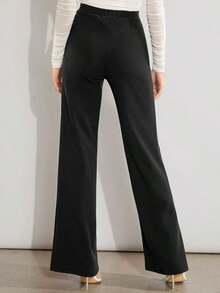 Pantalones de pierna ancha unicolor de talle alto - Negro - Ver 2