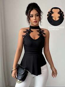 Blusa de mujer elegante de moda nueva para el verano con decoración de encaje bordado, cuello en V, bajo irregular sin mangas, silueta ajustada, adecuada para vacaciones, citas, actividades diarias, fiestas - Negro - Ver 3