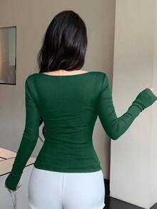 Camiseta de manga larga ajustada con cuello en V y nudo de mujer, informal - Verde Oscuro - Ver 3