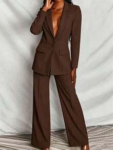 Conjunto de blazer y pantalones de unicolor y manga larga minimalista para mujer - Café integral - Ver 1