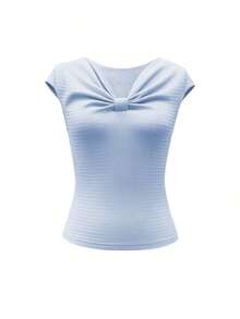 Camiseta de mujer de manga corta con cuello en V, ajuste ceñido, textura ondulada de jacquard, elegante y versátil para uso diario, color rosa, dulce y grácil, juvenil - Celeste - Ver 3
