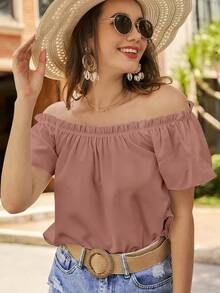 VCAY Blusa de hombros descubiertos ribete fruncido - Rosa vieja - Ver 7