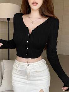 Camiseta de mujer de manga larga con rayas texturizadas y decoración de botones con forma de corazón en color rosa, adecuada para primavera y verano estilo Y2K - Negro - Ver 2