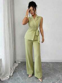 Conjunto elegante y romántico de blazer y corbata de moño para vacaciones y oficina para mujeres - verde menta - Ver 5
