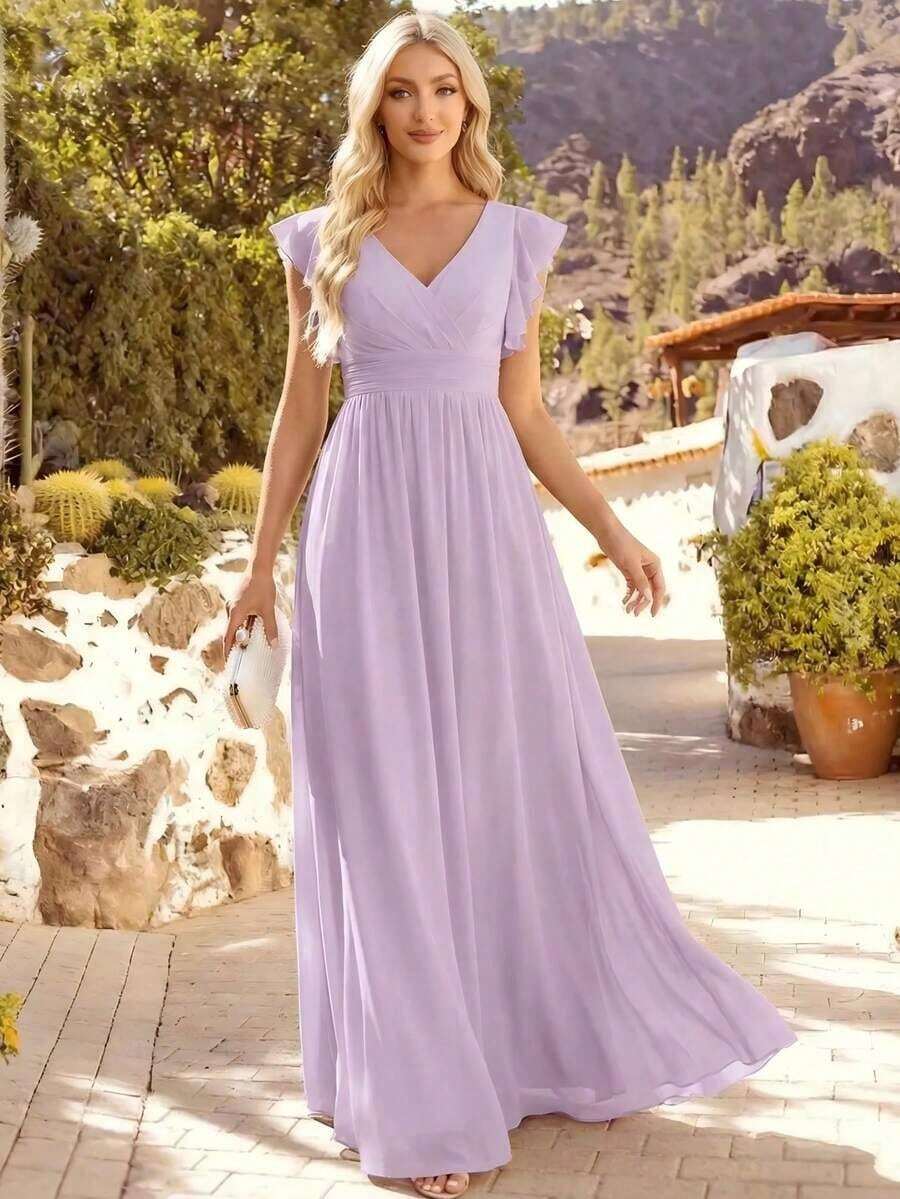 Vestido de dama de honor de gasa, diseño con escote en V plisado de manga corta, espalda abierta drapeada y bajo asimétrico, adecuado para bodas, uso vacacional, vestido de madre de la novia en primavera - Púrpura malva - Ver 1