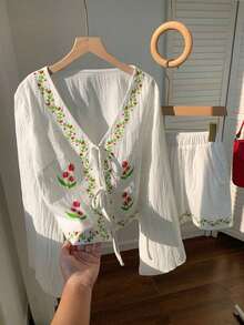 Conjunto de blusa con amarre al frente y shorts con estampado de anacardo para mujer, en estilo bohemio - Blanco - Ver 3
