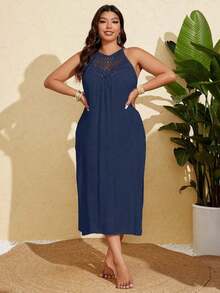 Vestido tapa playa para talla grande de mujer de unicolor, de cuello halter, tejido a crochet, con diseño calado y ajustado - Azul marino - Ver 3