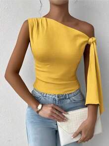 de mujer de estilo elegante y romántico para primavera, con cuello asimétrico, estilo elegante y sexy, adecuado para fiestas, vacaciones, citas románticas y vestidos de boda, con textura de punto y tirantes cruzados en los hombros, en color - Amarillo - Ver 2