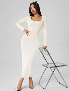 Vestido largo de manga larga con cuello cuadrado color negro sólido ajustado, vestido elegante de manga larga para mujer con cuello cuadrado, ajuste ceñido, manga recta, liso, para uso diario casual en primavera/otoño - Blanco - Ver 4