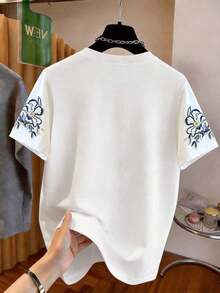 Camiseta de mujer de manga corta con cuello redondo y líneas de color contrastante - Multicolor 2 - Ver 2