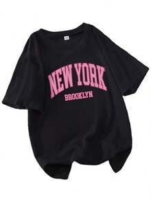 1 Pieza Camiseta Unisex Holgada 180g 100% Algodón Puro, Camiseta unisex Y2K con diseño de Nueva York en rosa vibrante estilo urbano moderna ideal para cualquier ocasión destaca tu personalidad única y original en este verano 2023 combina comodidad y estilo en una sola prenda para los amantes de la moda y el streetwear.ideal para uso diario, festivales, conciertos y todas las estaciones - Negro - Ver 6